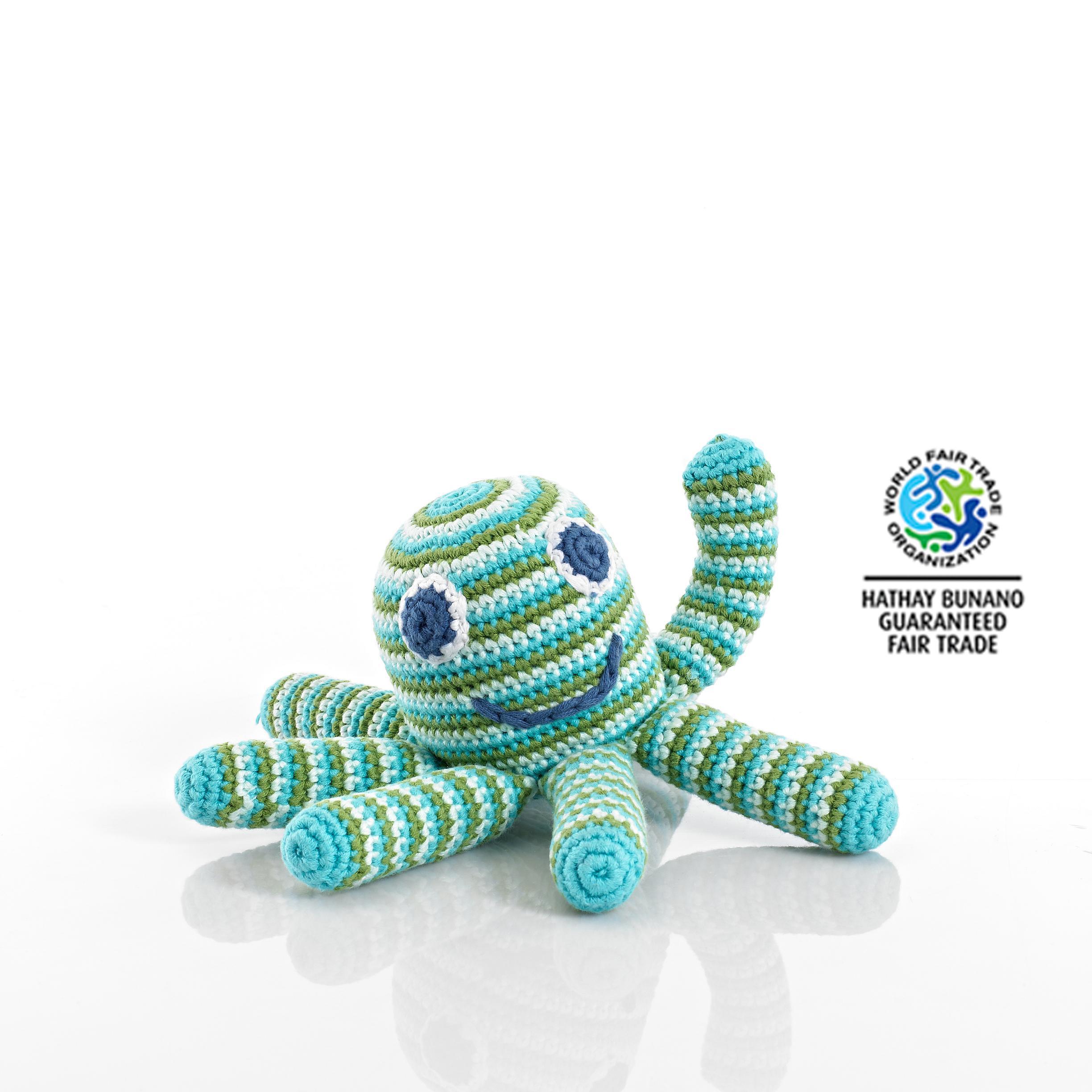 Crochet Cotton Octopus Baby Rattle in Blue and Green Stripes